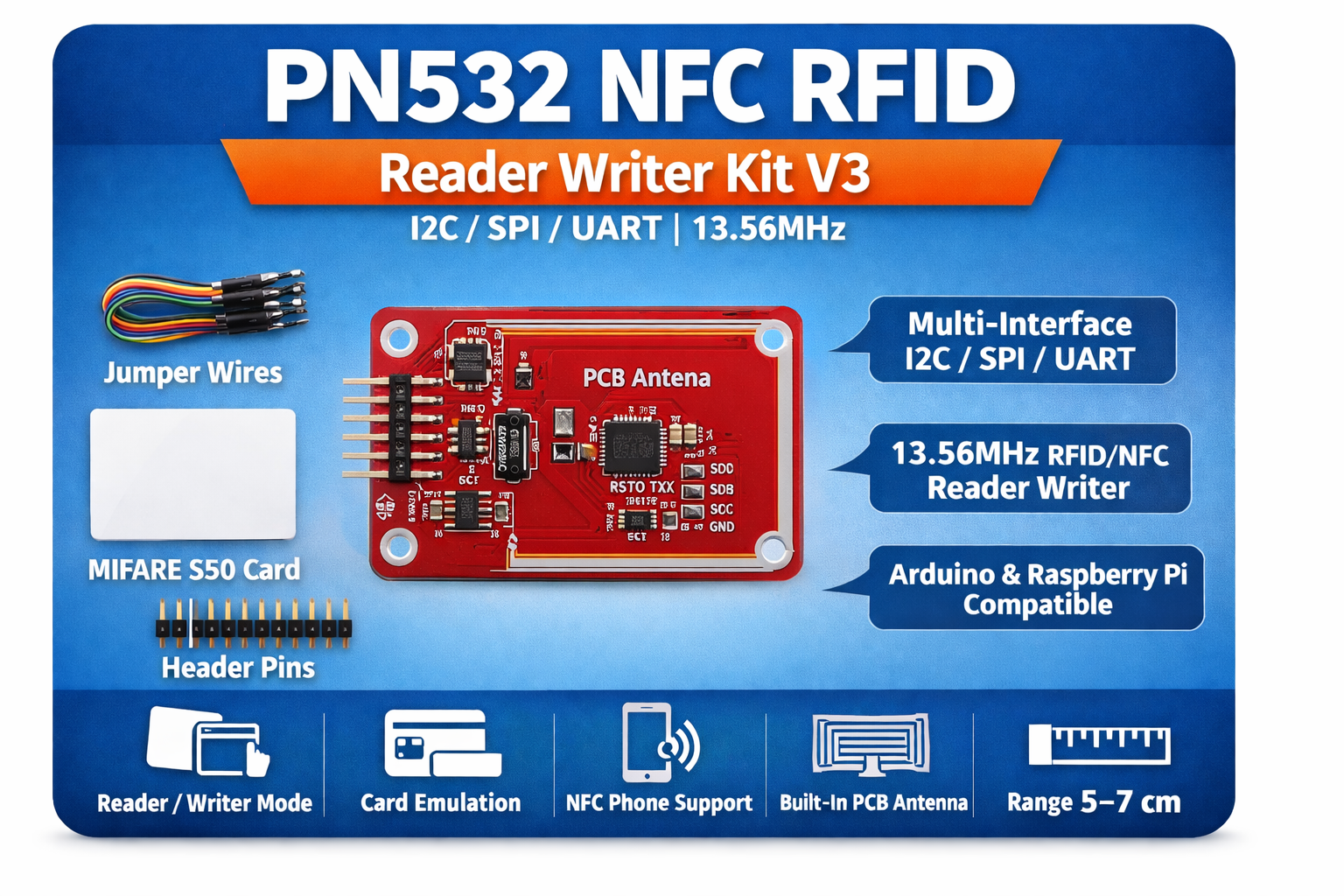 PN532 NFC RFID Reader Writer Kit V3 | I2C SPI UART | 13.56MHz